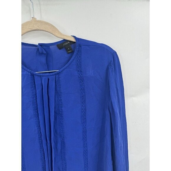 J. Crew 100% Silk Blouse Women 2 Blue Fairy Edwardian Pleated Sheer Embroidered - Picture 5 of 8